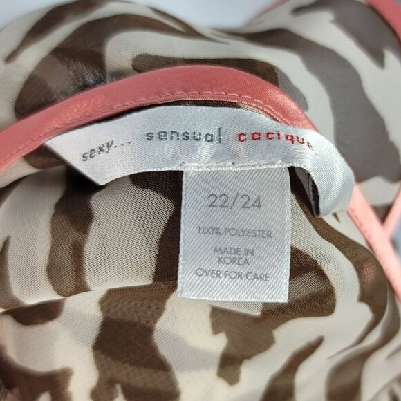Cacique Nightie Chemise Brown SZ 22 24 Sheer Lingerie Satin Adj Strap Animal Pri - Picture 7 of 7